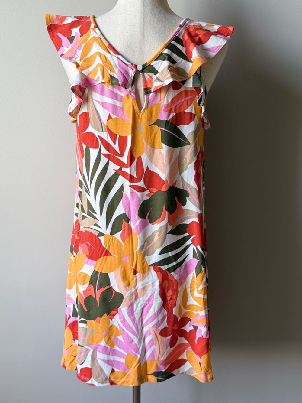 LOFT Multicolor Tropical Print Swing Dress - Pink, Peach, Yellow, Red, Green - Picture 4 of 5